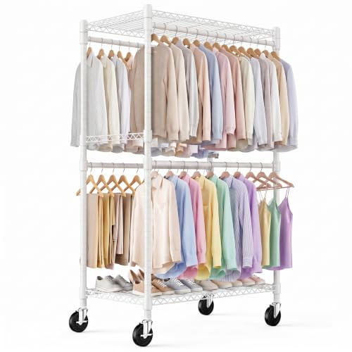 Himimi Kleiderständer Stabil, Kleiderständer auf Rollen mit 4 Kleiderstangen & höhenverstellbaren Ablagen, offener Kleiderschrank aus Metall für Schlafzimmer, Waschraum, Balkon, 90x52x203 cm, Weiß