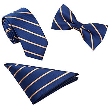WANYING Herren Klassische 6 * 12cm Fliege & 6cm Schmale Krawatte & 22 * 22 cm Einstecktuch 3 in 1 Sets - Gestreift Gold Königblau