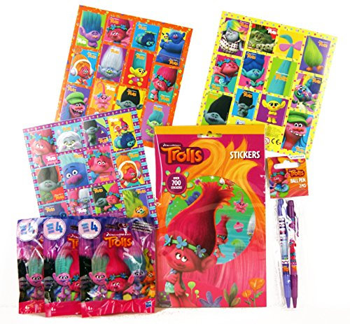 Trolls Super Set - 3x Überraschungstüte Mini Figur Serie 4 + über 700 tolle Sticker Set + 3 x 12 Trolls Sticker + 2 Ball Pens