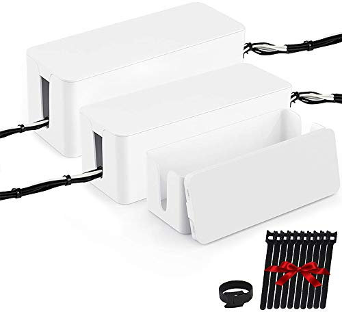 [Set of Three] Cable Management Boxes Organizer, Large Storage Wires Keeper Holder for Desk, TV, Computer, USB Hub, System to Cover and Hide & Power Strips & Cords (Ice White)