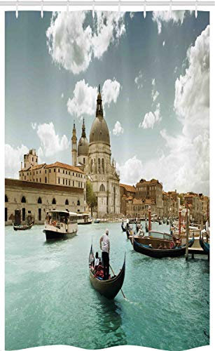 ABAKUHAUS Venedig Schmaler Duschvorhang, Basilika und Canal Grande, Badezimmer Deko Set aus Stoff mit Haken, 120 x 180 cm, Türkisblaugrau Beige