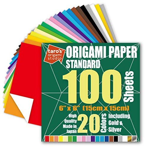 [Taro's Origami Studio] Standard 6 Inch One Sided 20 Colors 100 Sheets Square Easy Fold Premium Japanese Paper for Beginner (Gold and Silver Included) Made in Japan