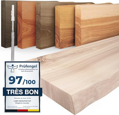 LAMO Manufaktur Étagère Murale en Bois Massif, Bord irrégulier, étagère Flottante Montage Invisible Brut 140cm, LW-01-A-001-140W