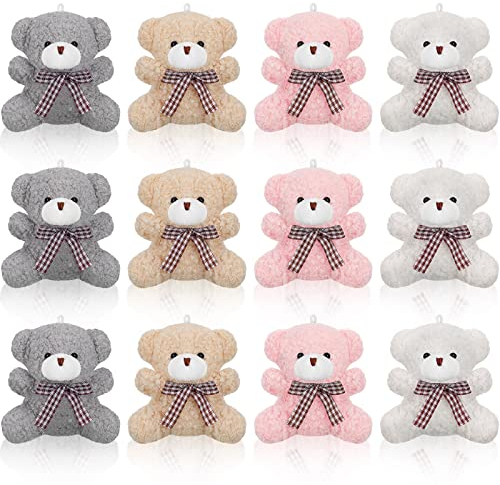 Zomiboo 12 Pièces Mini Animal en Peluche 4 Pouces Ours de Saint-Valentin Farceur d'Oeufs de Pâques pour Enfants Cadeau Anniversaire Carnaval Prix d'École (Rose, Abricot, Gris, Blanc, Ours)