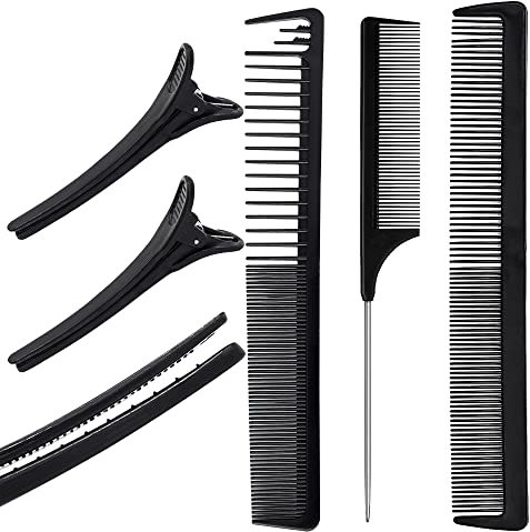 5 Pieces Hair sectioning Clips and anti static carbon fibre Parting rat tail pintail comb fine wide toothed bridal styling hairdressing barber cutting Combs Set for long curly wet thick afro hairs