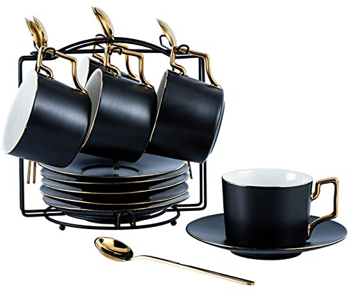KUANDARMX Porzellan-Kaffee-Tee-Set Mit Aufbewahrungsregal, Goldrand-Tasse Und Untertasse, Schicker Schwarzer Keramikbecher Für Teeparty