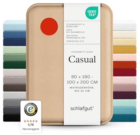 schlafgut Casual Spannbettlaken 90x200 cm 100% Bio-Baumwolle, Red Mid | Bettlaken, Spannbetttuch 100x200, 90x190 cm, Rot, Jersey, Sommer, 150 g/m², bis 25 cm Steg, Made in Green