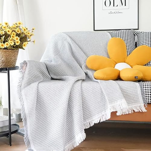 Simple Nordic Freizeitdecke, Waffelstoff, Couch-Überwurf, Decken, super gemütlich, bequem, gestrickte Quaste, Bettdecke, dekorative Decke, Sofa-Schonbezug – alle Jahreszeiten (Grau, 90 x 180 cm)