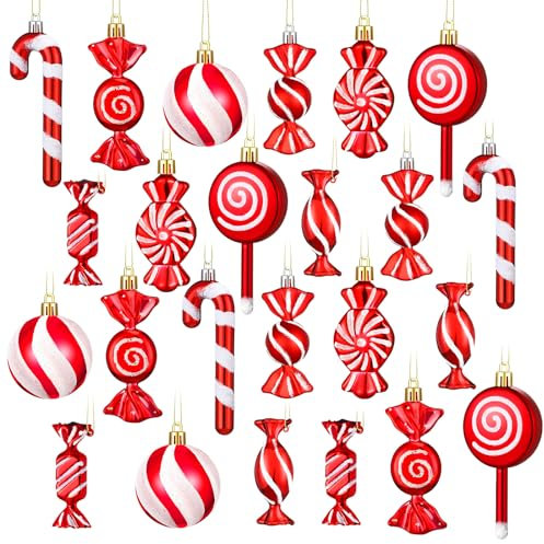 Aoriher 24 Pcs Christmas Candy Cane Ornament Red and White Plastic Peppermint Candy Cane Christmas Decorations Xmas Hanging Lollipop Pattern Decorations with Rope for Xmas Party Holiday Festival Decor