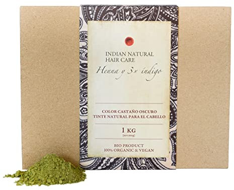 Henna y 3x índigo - Color castaño oscuro - Tinte natural para el cabello - En polvo… (1kg)