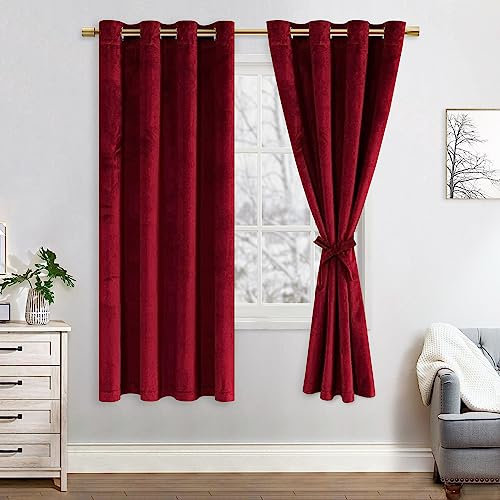 JIUZHEN Verdunklungsvorhang aus Samt,2er Set weiche blickdichte Gardinen mit Ösen für Schlafzimmer,140x175cm (Breite x Höhe),Weinrot
