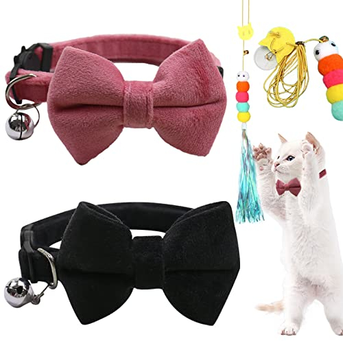 BDSHUNBF 2 Stück Katzenhalsband mit Glocke und Fliege, Katzen Halsbänder mit Sicherheitsverschluss, Verstellbar Kitten Halsbänder, Mit einem Katzenspielzeug (Rosa Schwarz)