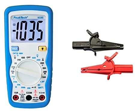 PeakTech Kompaktes Digital-Multimeter P1035 zur Messung von Spannung, Gleichstrom und Widerstand, Blau, Weiß & Isolierte 4 mm Krokodilklemmen -CAT III, 1 Stück, P 7015