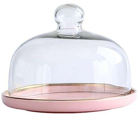 UMMEI 6-Inch Cake Stand Dome with Glass Cover, Ceramic Cake Plates for Cakes Dessert Cupcake Display Trays with Glass Lid,Pink,15cm