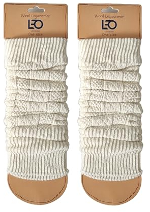 Leo Design 2X Natural Lambs Wool Women Leg Warmer- Blend of Lambs wool and Polyamide- Cable knitted Leg Warmer - One Size- Luxury Cold winter/Legwarmer (2X White)