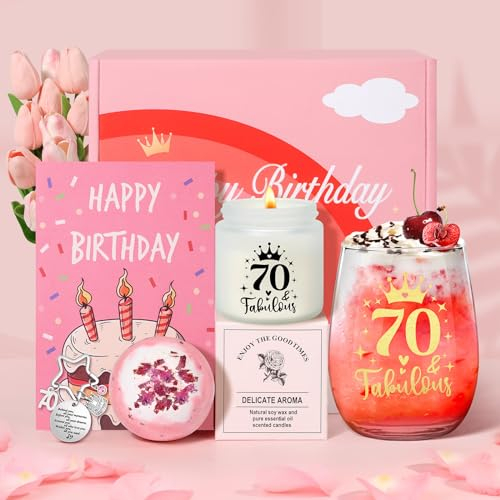 Tecanne 70th Birthday Pamper Gift Set for Women - Personalised Glass Wine Glass, Gin Gift Box for Retirement - For Mum, Grandma, Sister, Best Friends