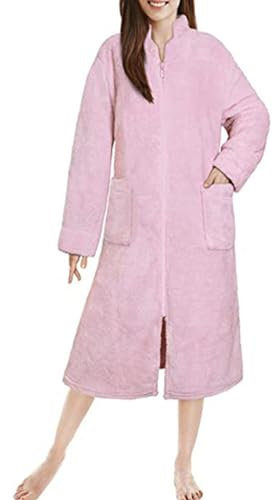 Onsoyours Camicia da Notte Donna Cappotto Accappatoio Lungo Casual Camicie da Notte con Cerniera Tasche Loungewear Vestaglia da Notte Onesie Pigiama in Pile Morbida Calda Giacca A Rosa S