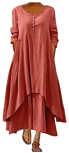 BOTCAM Damen Baumwolle Leinen Einfarbig Kaftan Boho Große Größen mit Taschen Lose Langarm V-Ausschnitt Falten Lange Leinenkleid Schichten Maxikleid Freizeitkleid Casual Oversize Sommerkleid