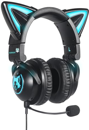 KUQIRMAOERJI Auriculares inalámbricos con Orejas de Gato (Cambio de 12 Colores) con micrófono HD enchufable y botón de Silencio del micrófono, 3,5 mm, Varios teléfonos móviles y Juegos (Color Negro)
