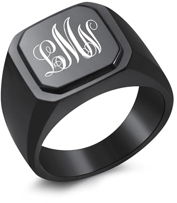 INBLUE Personalisierte Gravierte Name/Initial Monogramm Signet Ring für Männer mit Optionalen Größe 54-75 Edelstahl Buchstabe Ring mit Größe Adjusters Mode Schmuck für Jahrestag