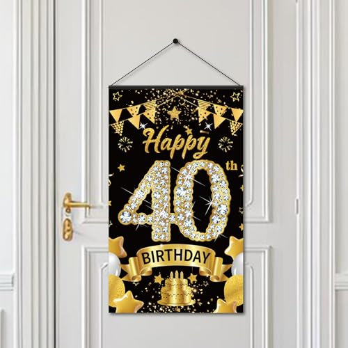 40th Birthday Decorations Door Banner Sign for Men Women, Happy 40 Birthday Door Hanging Party Supplies, Black Gold Forty Year Old Bday Wall Hanger Decor