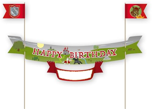 Tortenbanner * DRACHE & RITTER * als Deko als Kuchen und Torten | 23x20cm, mit Krone und Namensschild | für Kindergeburtstag Kinderparty Kinder Geburtstag Party Knight Drachen Dragon