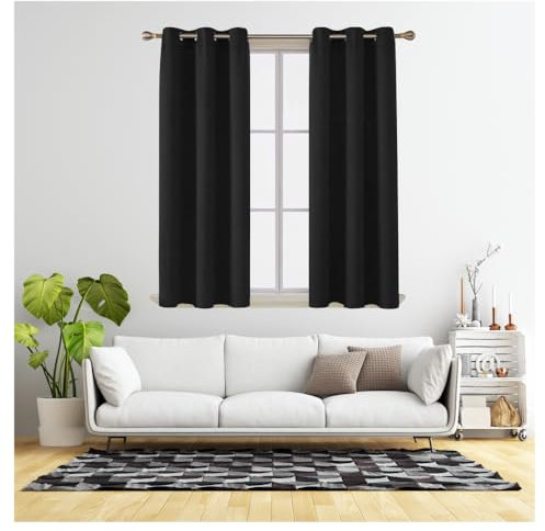 REHAN & CO Blackout Curtains for Bedroom Super Soft Thermal Insulated Black Out Eyelet Curtains with Tie Backs for Living Room, Kitchen Black (W46 x L54 Inch 2 Panels)