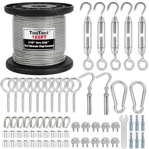 TooTaci 2mm Wire Rope Kit, 50M Vinyl Coated Stainless Steel Cable with Turnbuckles for Cables Wire Tension, String Light Hanging Kit, Trellis for Climbing Plant Support, Curtain