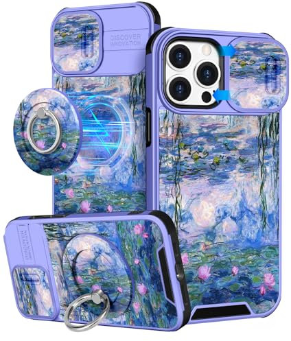 VincitoreModa for iPhone 15 Pro Case Women - [2in1] Cute Girls Purple Flower Compatible with MagSafe Ring Stand Girly Slide Camera Cover Unique Design for Apple for iPhone 15 Pro Phone Case 6.1
