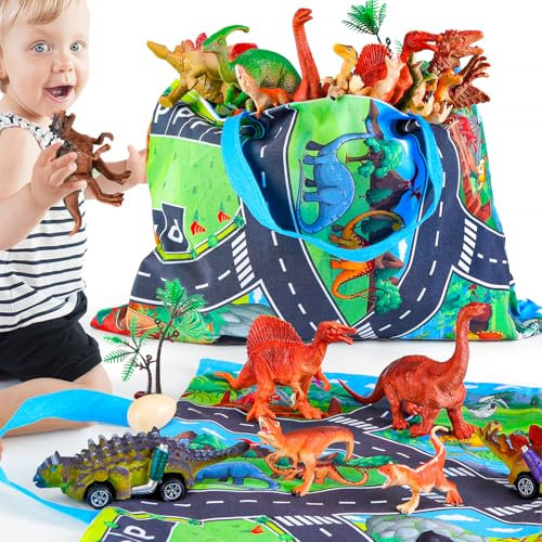 HahaGift Dinosaur Toys for Boys Age 2 3 4-25PCS Realistic Dinosaur Figures & Cars with Playmat/Storage Bag - Kids Toys Games for 2 3 4 5 Year Old Boys Girls Easter Birthday Gifts