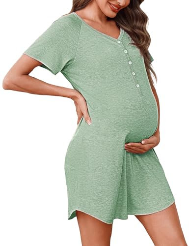 Uniexcosm Camison Embarazada, Camisón Maternidad Lactancia Algodon Camison Premamá Corta Camisón Lactancia Mangas Raglán con Botones Camisón con Cuello en V para Hospital Hogar Verde M