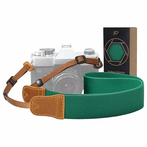 Padwa Lifestyle Green Camera Strap -Double Layer Crazy Horse Cowhide End,1.5 Wide Pure Cotton Woven Camera Straps,Adjustable Neck Shoulder Strap for All DSLR Cameras,Gift for Photographers