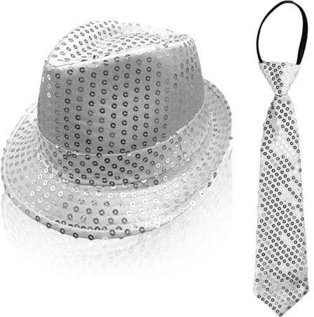 TUONYIS 2 Stück Jazz Dance Hat Pailla Hut Krawatte, Paillistin Fedora Hut für Party 70er Disco-Kostüm für Jungen Mädchen Hip-Hop Shiny Disco Hat für Hen-Party-Nacht-Jazz-Tänzer. (2, Silber)
