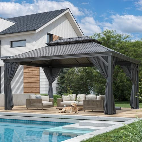 Devoko Pavillon 3,65 x 4,85 m Wasserdicht Stabil Winterfest,Hardtop Pavillion mit Doppeldach,Gartenpavillon mit Vorhängen und Moskitonetzen,Pavilion für Hinterhöfe, Gärten und Rasenflächen, Grau