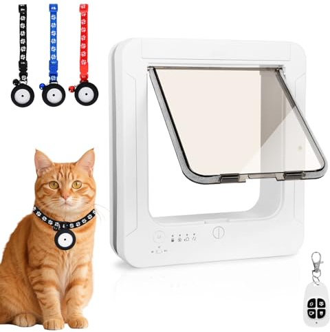Smart Cat Door for Interior & Exterior, Flap Opening is 7.67’’ (H) by 7'' (W), RFID Cat Pet Door with 3 RFID Collar Sensor Keys & 1 Remote & 4 Way Locking Cat Flap, Automatic Opening Cat Door ﻿(White)