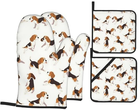4 Pcs Beagle Dog Cute Oven Mitts and Potholders,Kitchen Oven Glove with Pot Holders,Non-Slip Gloves High Heat Resistant 500 Degree for BBQ, Grill, Baking, Cooking, Oven, Microwave
