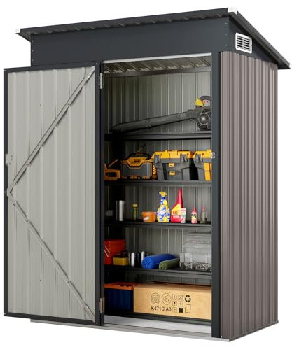 TANGZON 5 x 3FT Metal Garden Shed, Galvanized Steel Outdoor Tool Storage House with Top Sloping Design, Opening Door, Air Vents, Tool Utility Gardening Shed Box (150x88x185cm, Light Grey)