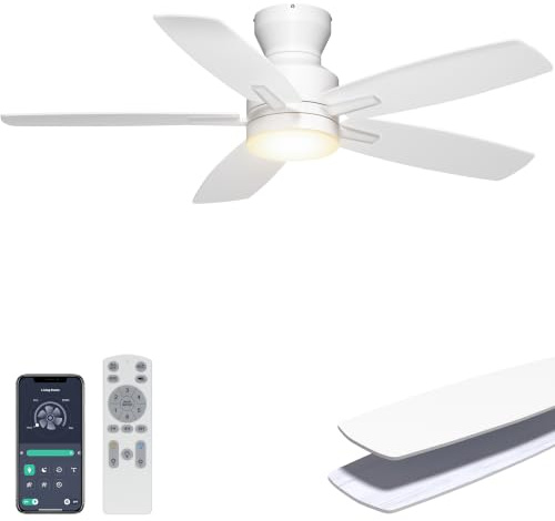 Ohniyou Ceiling Fans with Lights, 42'' Low Profile Ceiling Fan with Light and Remote/APP Control, Modern Flush Mount Ceiling Fan for Indoor Bedroom Kitchen, Dimmable, Qiuet DC Motor, White