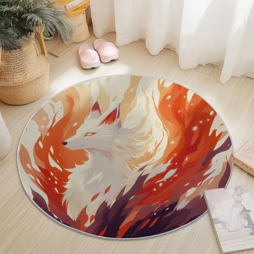 Runder Teppich 80cmAnime-Stil Tiere Fuchs Linien, Muster, Waschbar & Rutschfester Weicher Kurzflor Rund Teppich für Wohnzimmer Schlafzimmer Kinderzimmer Gastzimmer Esszimmer Büro, Mehrfarbig