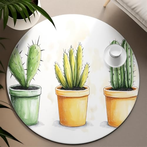 UERWOWELL Cactus Round Entryway Rug 90cm Yellow and Green Potted Plants Print Low Pile Round Yoga Mat for Living Room Bedroom Relaxation Space
