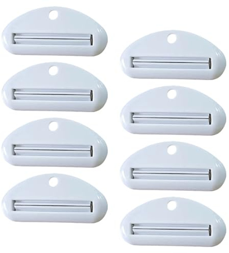 Lot de 8 pinces à tube de dentifrice, distributeur de dentifrice en plastique pour dentifrice, crème pour les mains, cosmétiques (blanc)