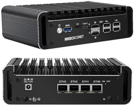 MNBOXCONET Mini PC Firewall Fanless J6413, Hardware Per Micro Applicazioni, 4×2.5GbE LAN, Barebone Dual DDR4, PCIe 3.0 NVMe, 2 SATA 3.0, 2 HDMI 1.4, TF, Type-C, Compatibile Con OPNsense AES-NI