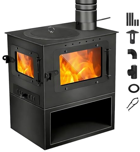 Kaminofen mit Holzfeuerung, Pelletkaminofen für den Innenbereich mit Zwei Sichtfenstern und Schornstein, Brennholzschrank, Stahlkonstruktion, für Wohnzimmer, Camping und Zuhause