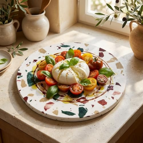 Santa Clara | Bandeja de Terrazo Decorado Toscana 25x1 cm Redonda, Fuente de Servir Comida para Aperitivos, Quesos y Postres, Bandeja Presentación para Hogar y Cocina