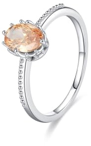 Damenring Zart Dünn, Ring Schlicht Eleganter Solitär-Diamant 1Ct, Champagnerfarbener Ovaler Laborsaphir 9K Weißgold Größe 65 (20.7)