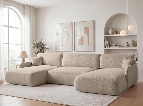 U-Form Wohnlandschaft 360x175 cm Bouclé Grau-Beige mit Schlaffunktion PIERR | Großes Schlafsofa mit Bettkasten und praktischem Stauraum – moderne, komfortable Couch für großzügige Wohnbereiche