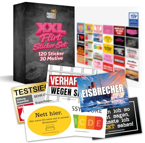 XXL Flirt Sticker Set mit 30 Motiven für jede Party, Malle Party, Festival Gadgets als Ballermann und Festivals Accessoires, lustiges Stickerset, witziges Aufkleberset, Set (jedes Motiv 4x)