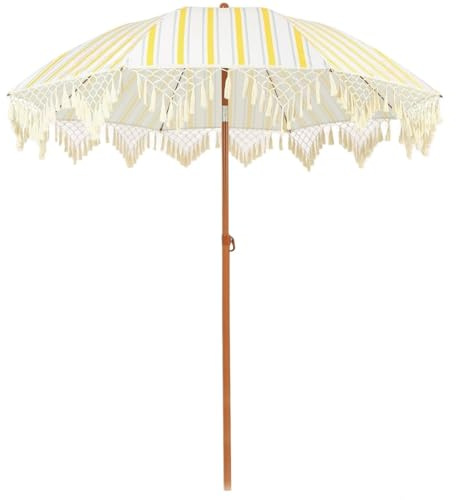 XOBRJQZ Parasol de Jardin Rayé Jaune et Blanc de 200 Cm avec Franges, Parasol de Terrasse Inclinable, 8 Baleines Robustes en Acier pour Plage, Pelouse