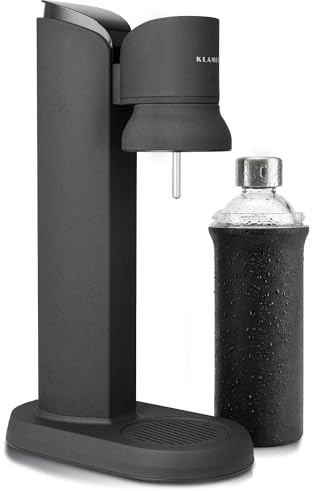 KLAMER Wassersprudler Schwarz, 650 ml Glasflasche, 0,65 Mpa | One-Touch-Bedienung, Spülmaschinengeeignet, Abtropfschale, CO2 Zylinder 60mm kompatibel