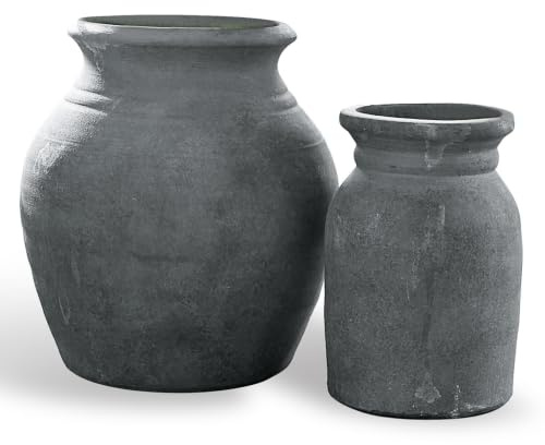 Loberon Vase 2er Set Molduc, antikgrau | Zwei unterschiedliche Designs, rustikaler Chic, dunkle Oxidations-Patina, erdige Nuancen, Blumenvase für Zweige, Terrakotta